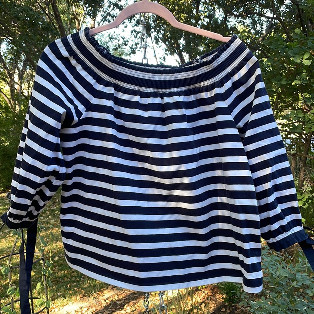 J. Crew navy white striped off-shoulder top L. Excellent condition.
